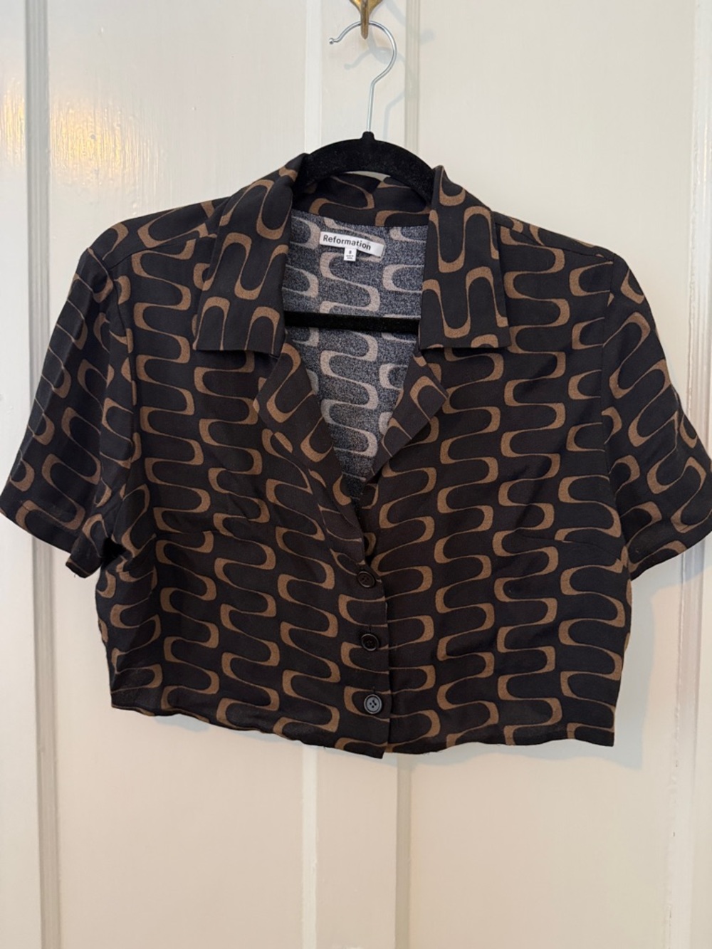 Reformation Black and Brown Geometric Cropped Button-Up Top